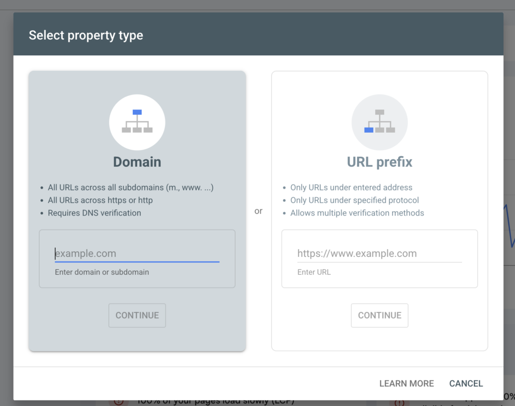 google search console property verification options